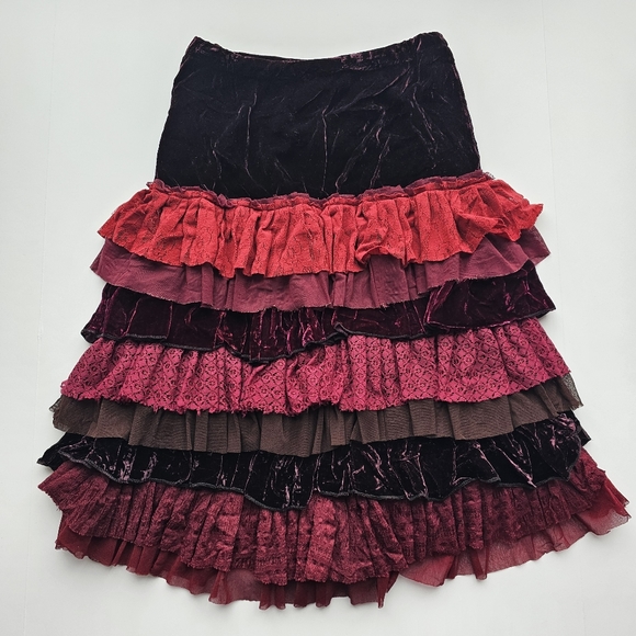 Sarissa Designs, Velvet Purple Red Boho Ruffles Skirt, - Picture 6 of 11
